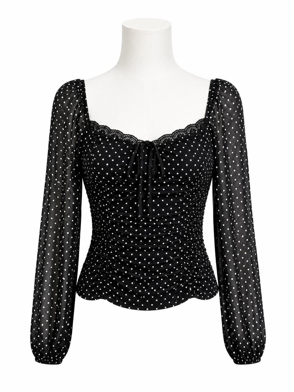 ASTR The Label Black Polka Dot Ruched Sheer Sleeve Top - Size M